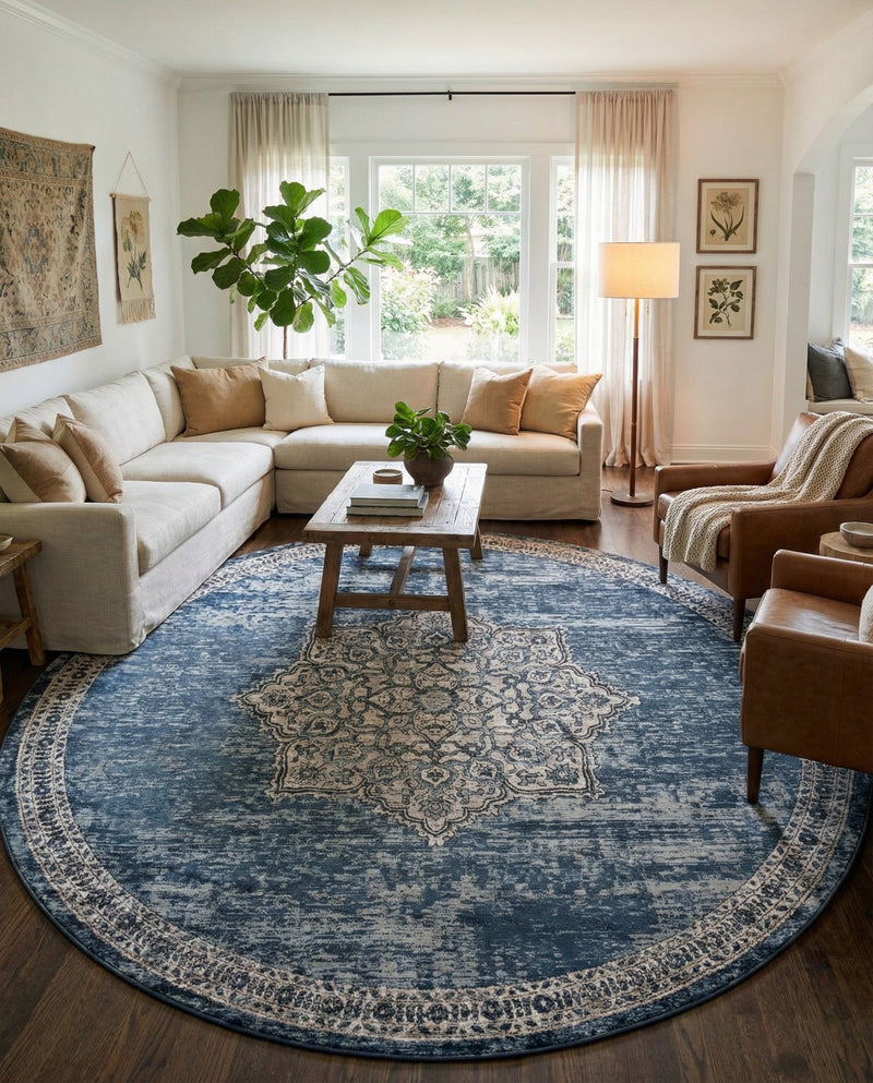 Mykonos Manor Collection Area Rug -  Tinos (Blue) Round Blue  lifestyle 63