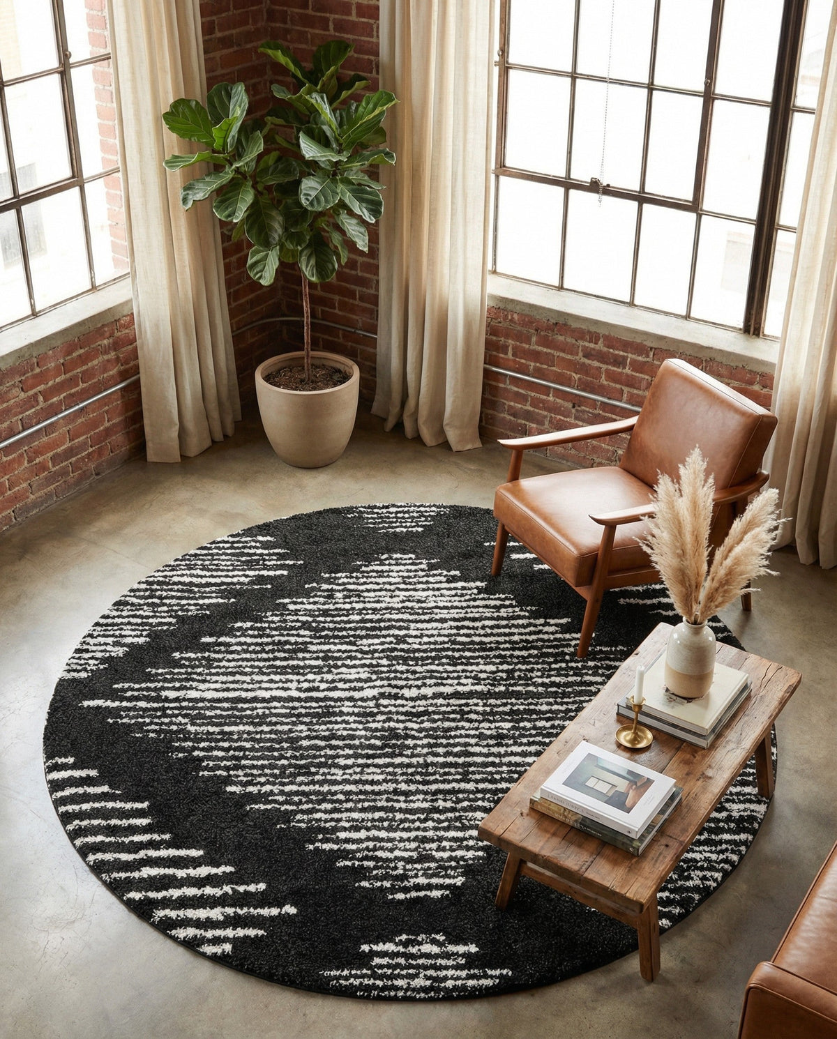 Tranquil Tides Shag Collection Area Rug -  Azure Round Black and White  lifestyle 169
