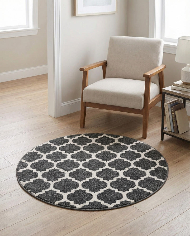 Lattice Gardens Collection Area Rug -  Bloomfield (Black) Round Black  lifestyle 59