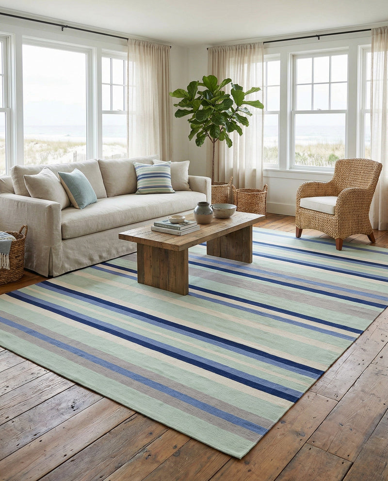 Coastal Stripe Dhurrie Collection Area Rug - Seashore Rectangle Aqua Blue and Gray  lifestyle 33