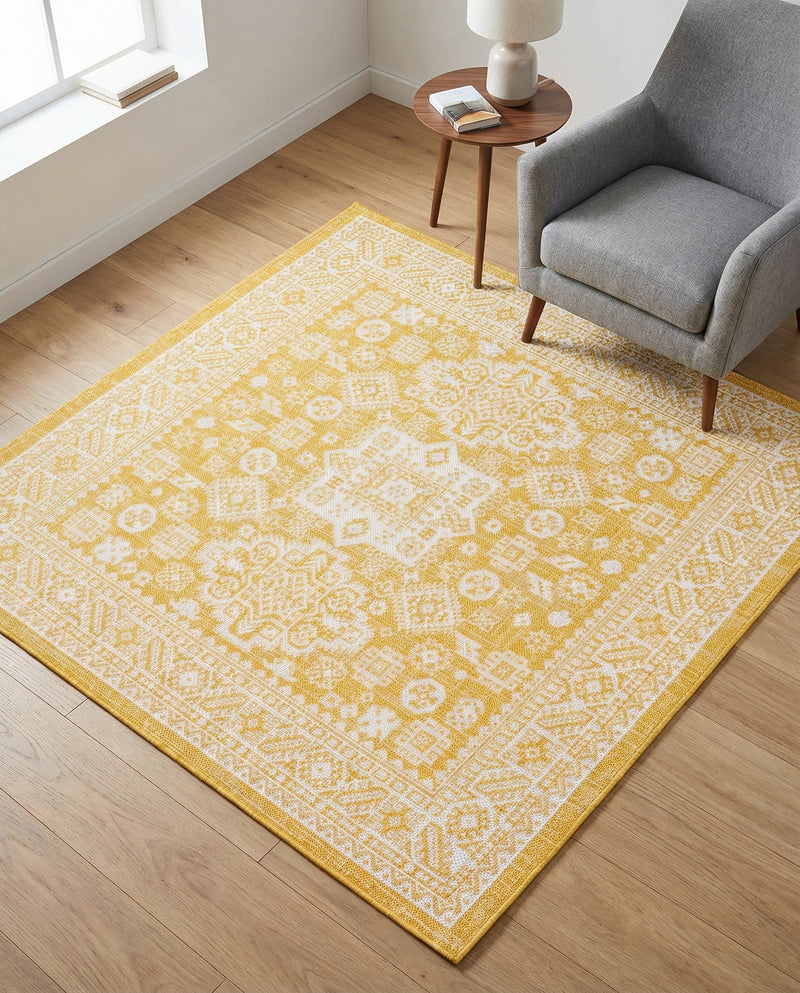 Tribal Terrace Treasures Collection Area Rug -  Incan Isle (Yellow) Square Yellow  lifestyle 90
