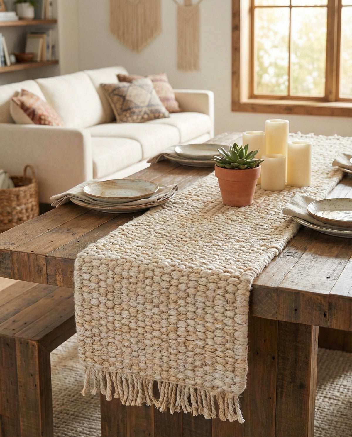 Savannah Jute Collection Area Rug - Seashore Table Runner Ivory  lifestyle 91