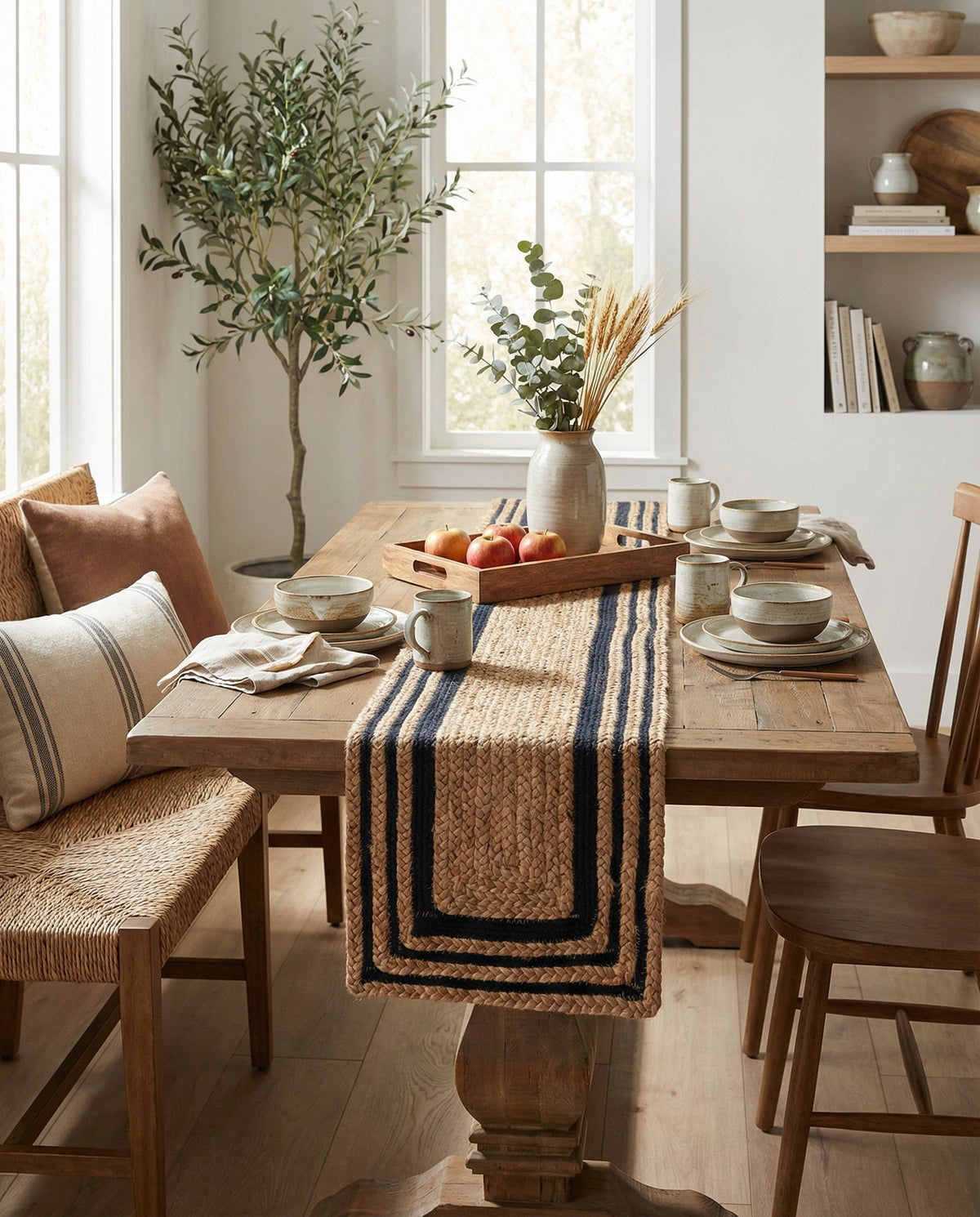 Woven Seaside Jute Collection Area Rug - Nantucket Table Runner Natural and Navy Blue  lifestyle 109
