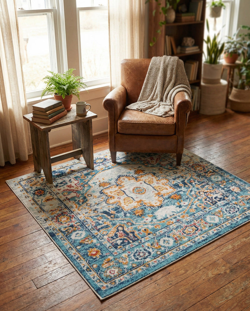 Parisian Elegance Collection Area Rug - Versailles (Teal) Square Teal  lifestyle 68