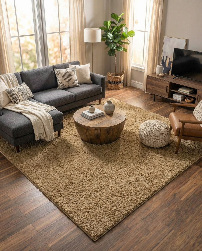 Cozy Comfort Shag Collection Area Rug - Haven (Khaki) Square Khaki  lifestyle 65