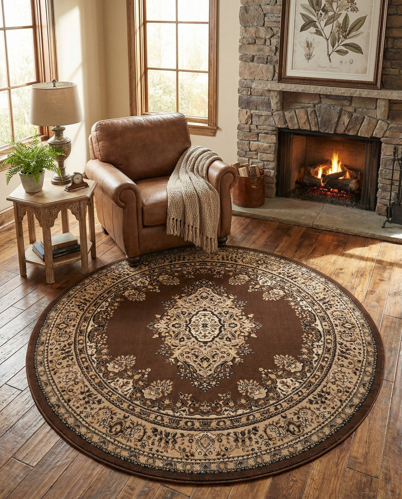Tabriz Tapestry Collection Area Rug - Azerbaijan (Brown) Round Brown  lifestyle 34