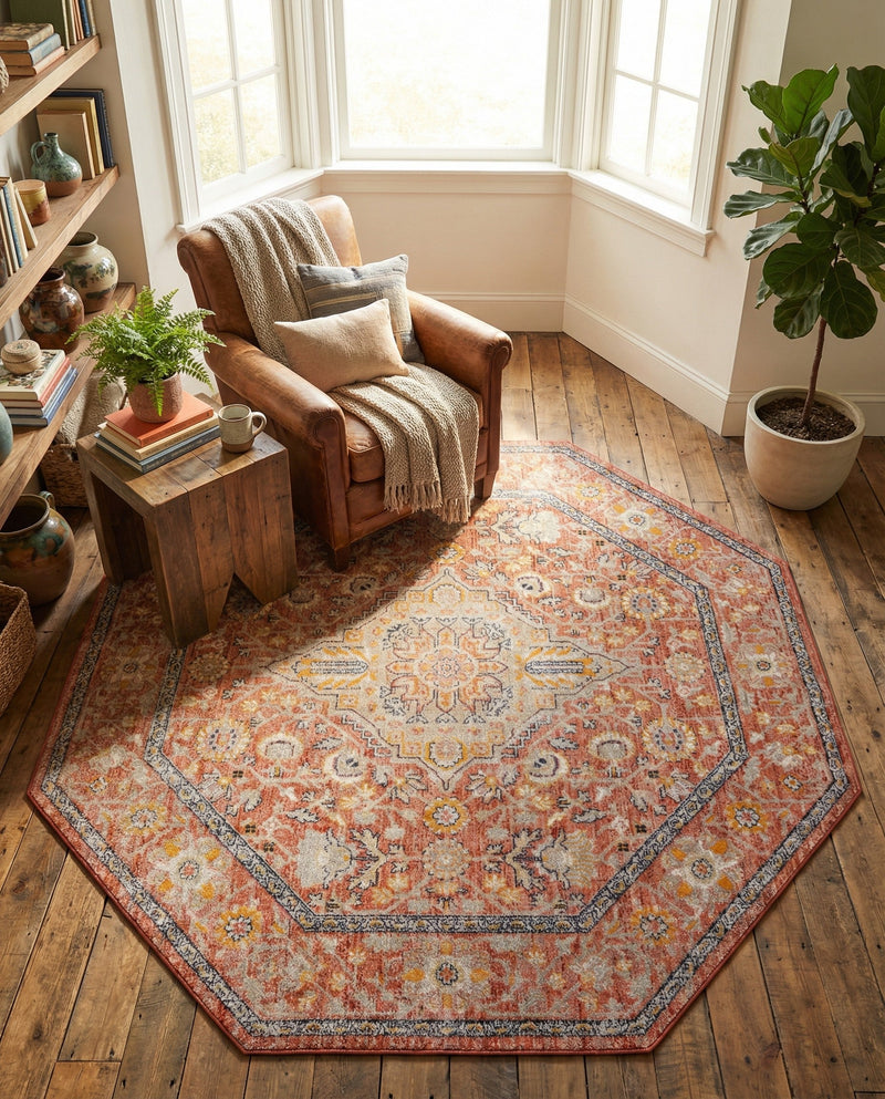 Seville Stripes Collection Area Rug - Cadiz (Brick Red) Octagon Brick Red  lifestyle 74