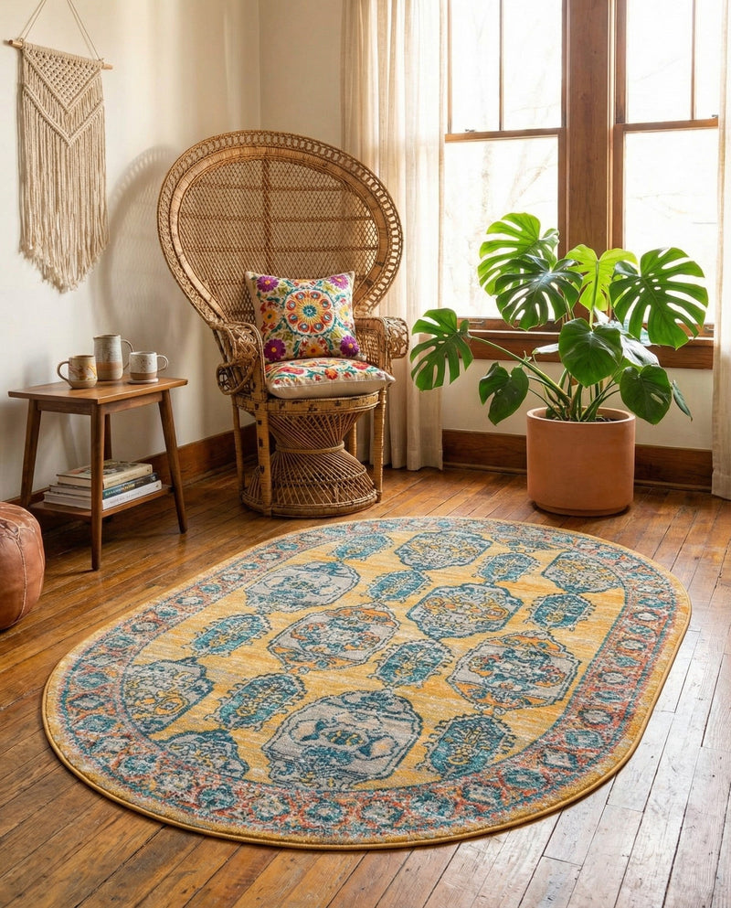 Seville Stripes Collection Area Rug -  Granada (Yellow) Oval Yellow  lifestyle 72