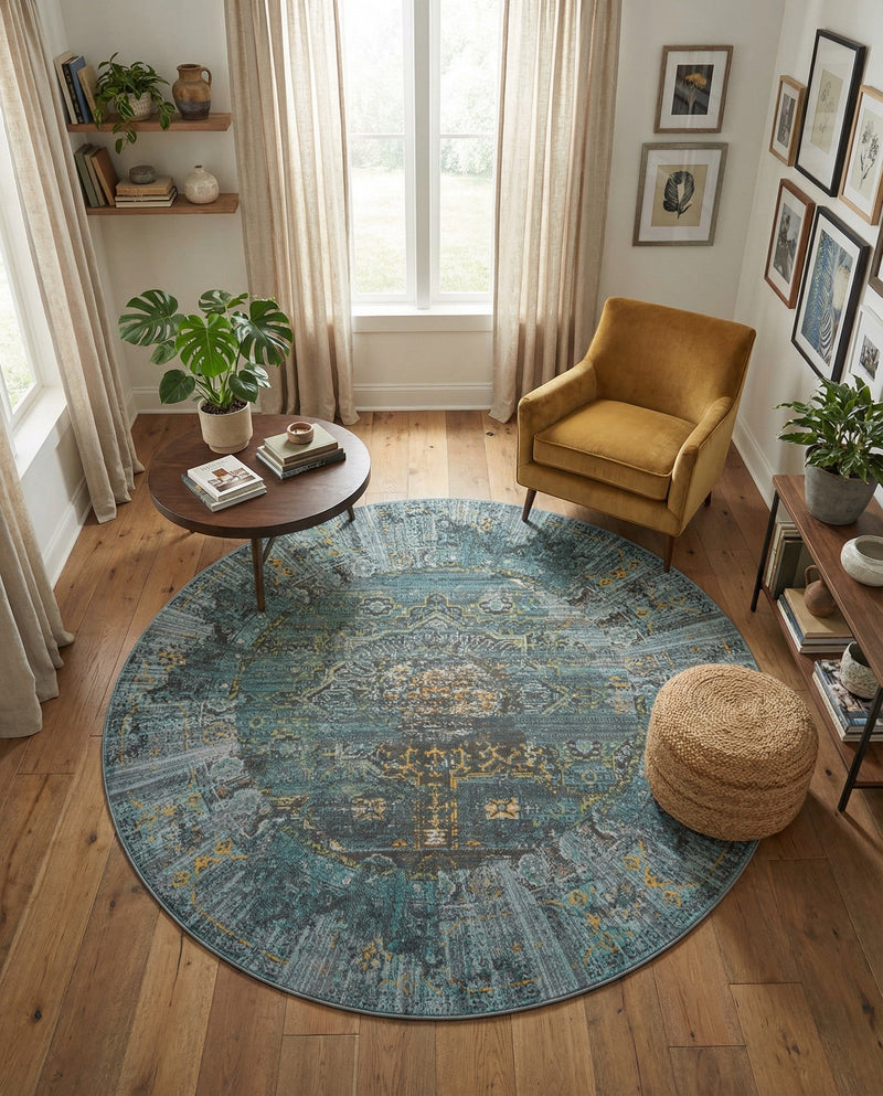 Caribbean Breeze Collection Area Rug -  Martinique Round Turquoise  lifestyle 54