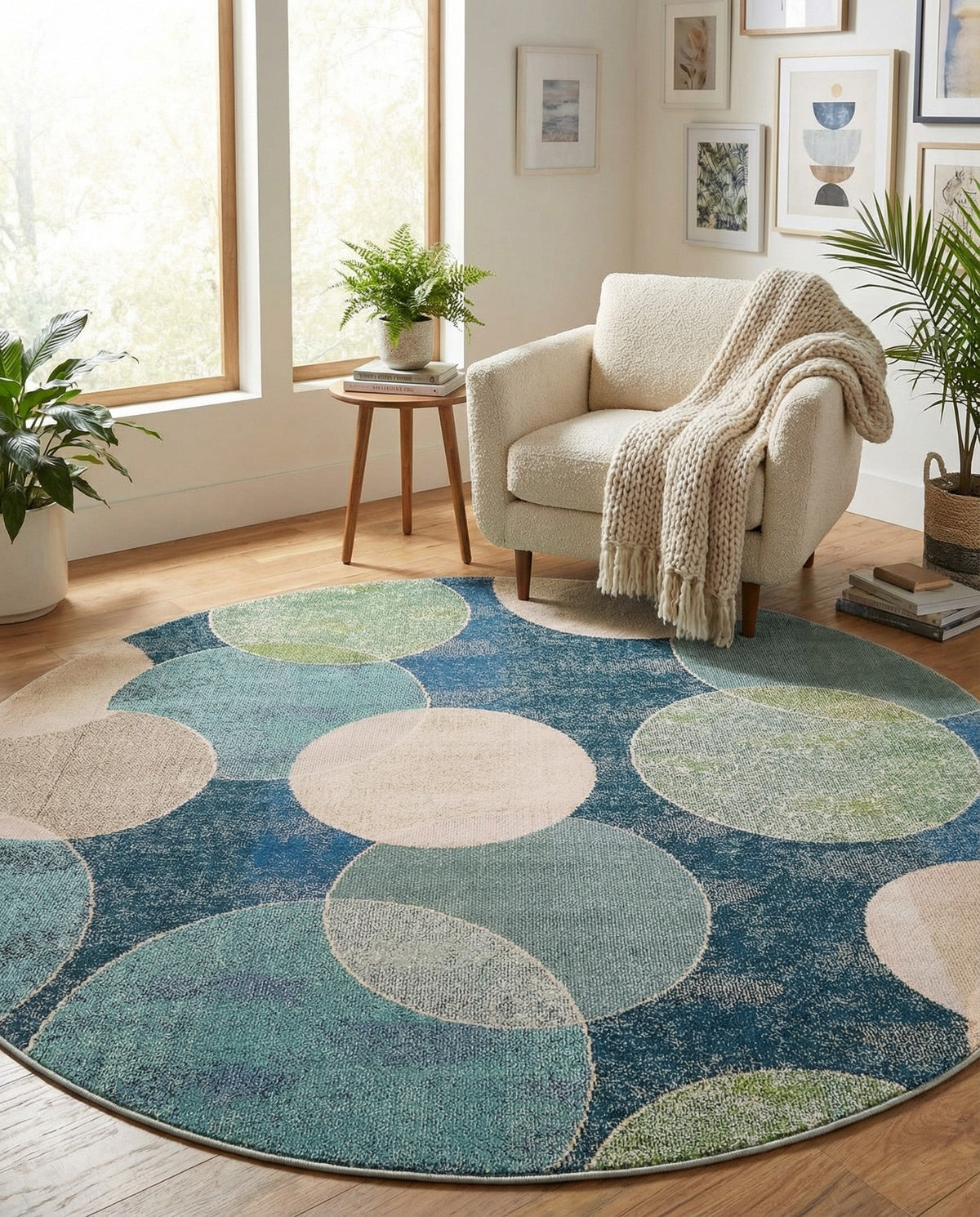 Chromatic Oasis Collection Area Rug -  Zephyr Round Navy Blue  lifestyle 120