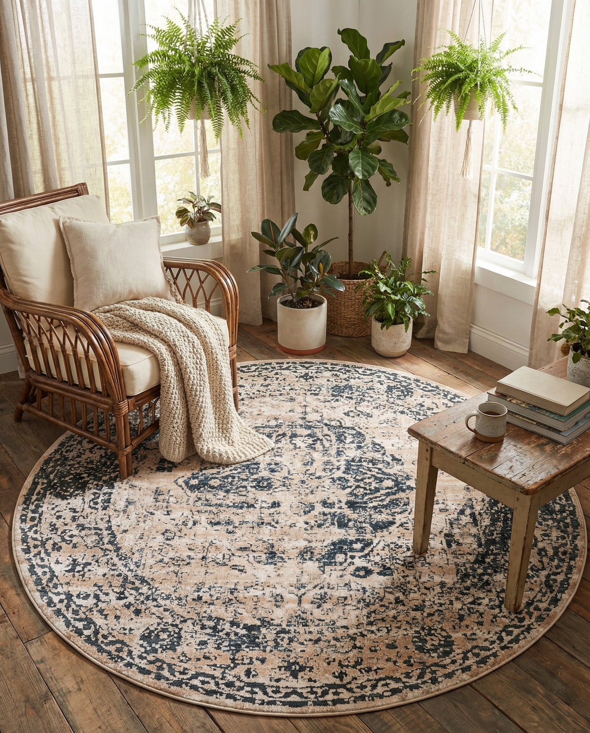 Coastal Manor Collection Area Rug -  Dunes Round Dark Blue  lifestyle 119