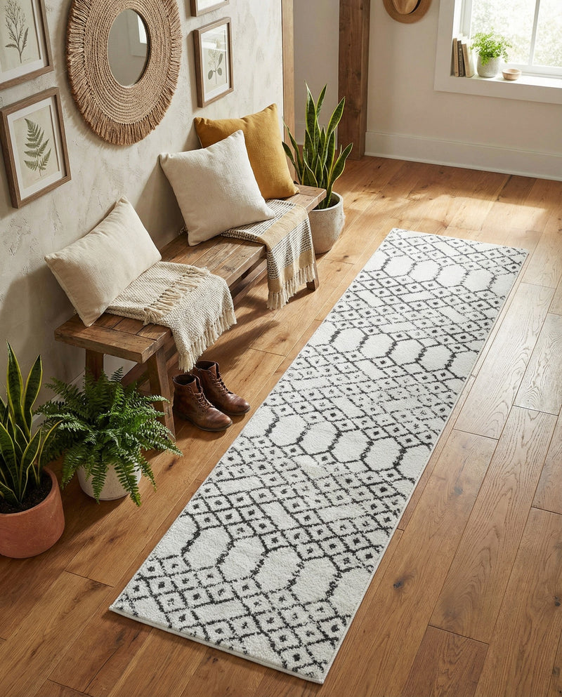 Marrakesh Lattice Collection Area Rug - Casablanca (Ivory Black) Runner Ivory Black  lifestyle 41