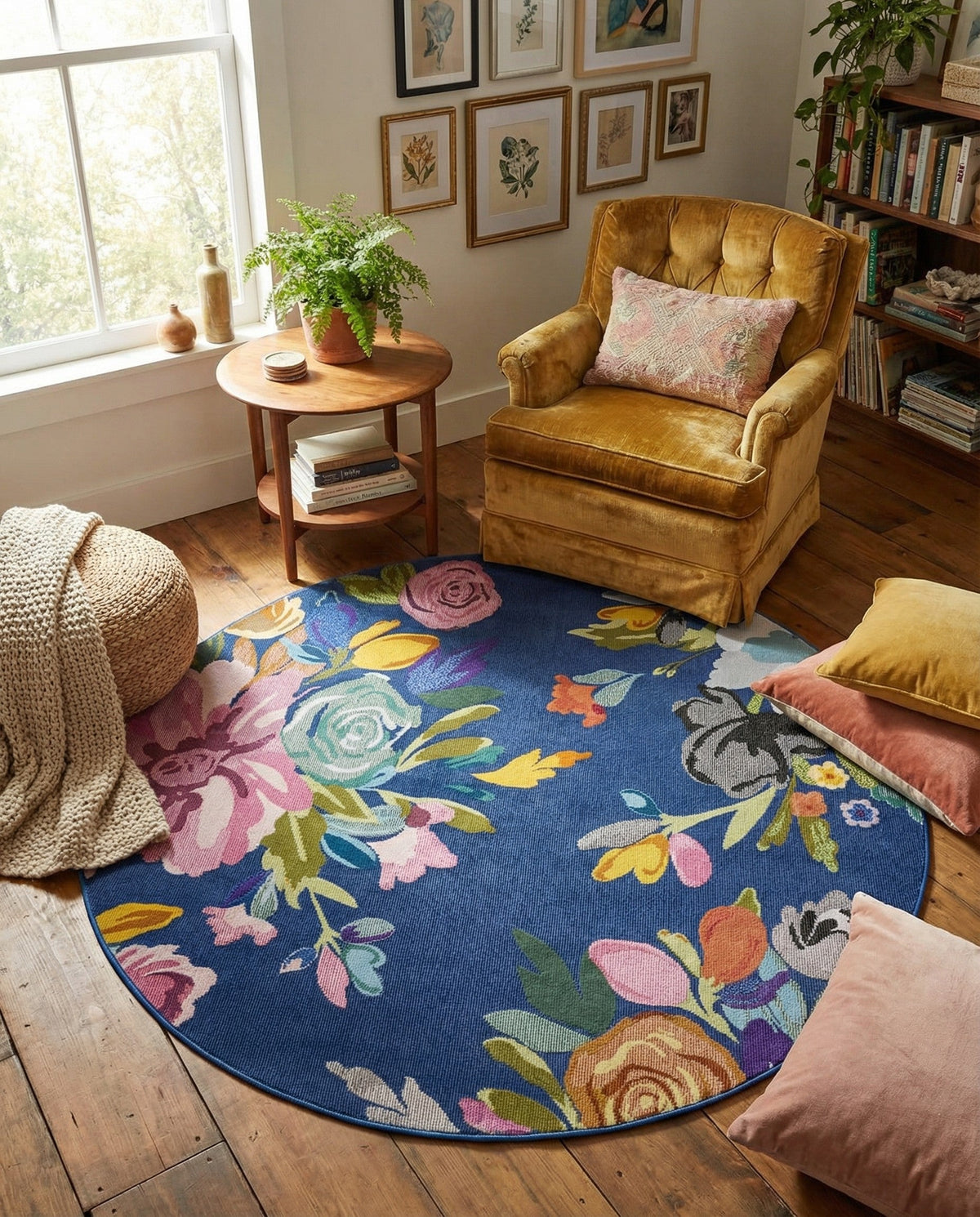 Meadow Breeze Collection Area Rug - Wildflower Round Blue  lifestyle 50