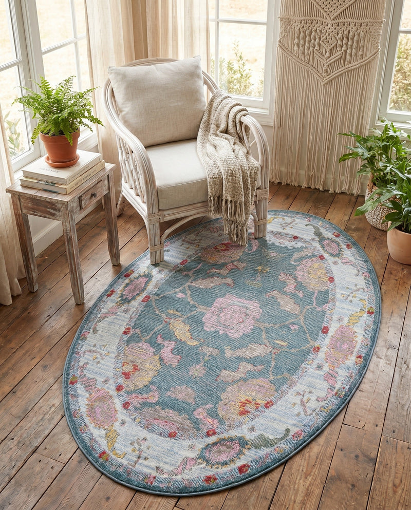 Arcadia Rugs Collection Area Rug - Eden (Gray and Blue) Oval Gray and Blue  lifestyle 78