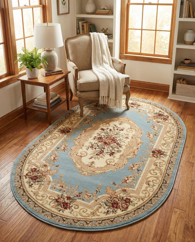 Versailles Elegance Collection Area Rug -  Louveciennes (Light Blue) Oval Light Blue  lifestyle 69