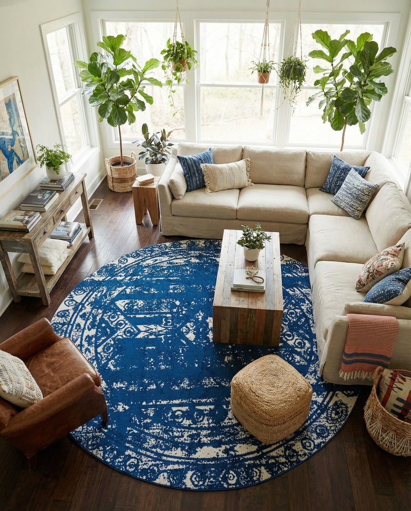 Brighton Stripes Collection Area Rug - Sussex (Navy Blue) Round Navy Blue  lifestyle 33