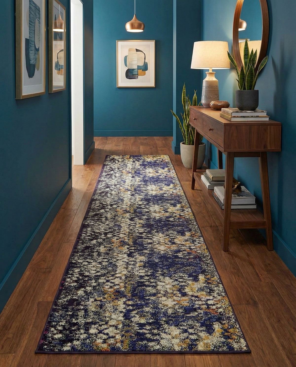 Venetian Tapestry Collection Area Rug - Murano Runner Navy Blue  lifestyle 140