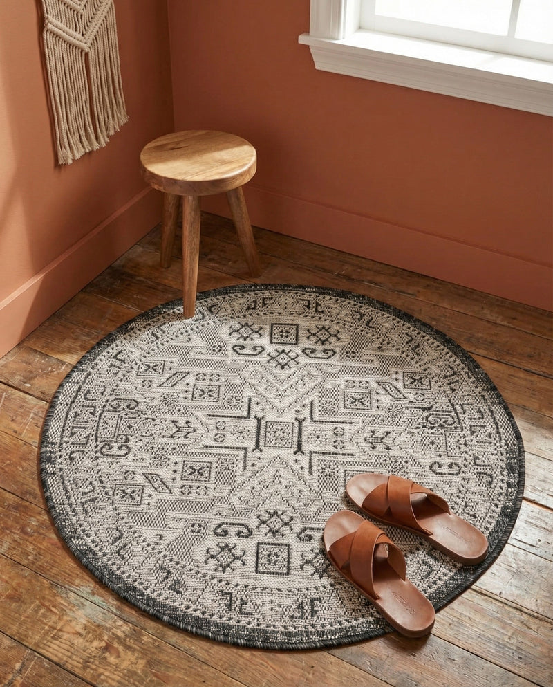 Tribal Terrace Treasures Collection Area Rug - Mayan Marina (Charcoal Gray) Round Charcoal Gray  lifestyle 56