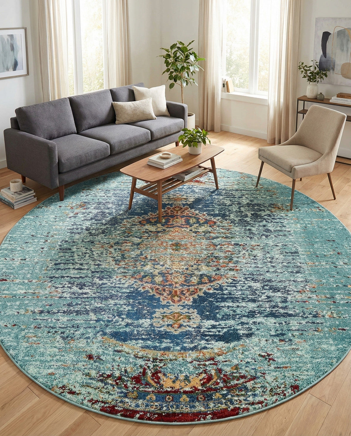 Venetian Tapestry Collection Area Rug -  Giudecca Round Turquoise  lifestyle 99