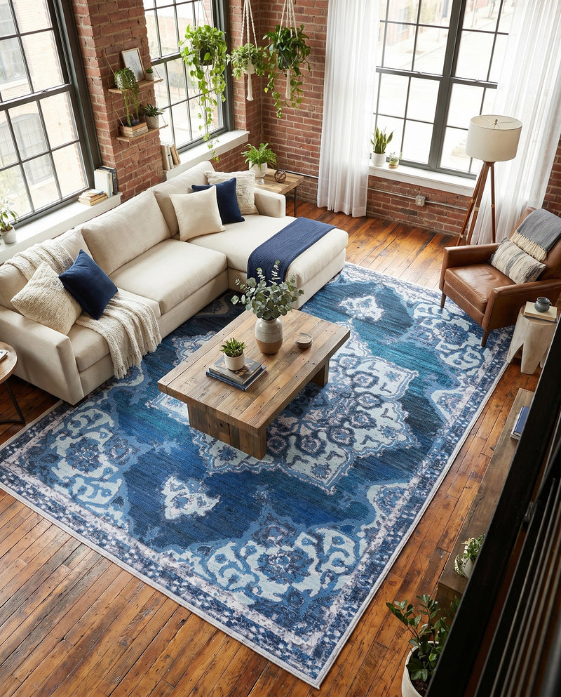 Baroque Era Collection Area Rug - Versailles (Navy Blue) Rectangle Navy Blue  lifestyle 12
