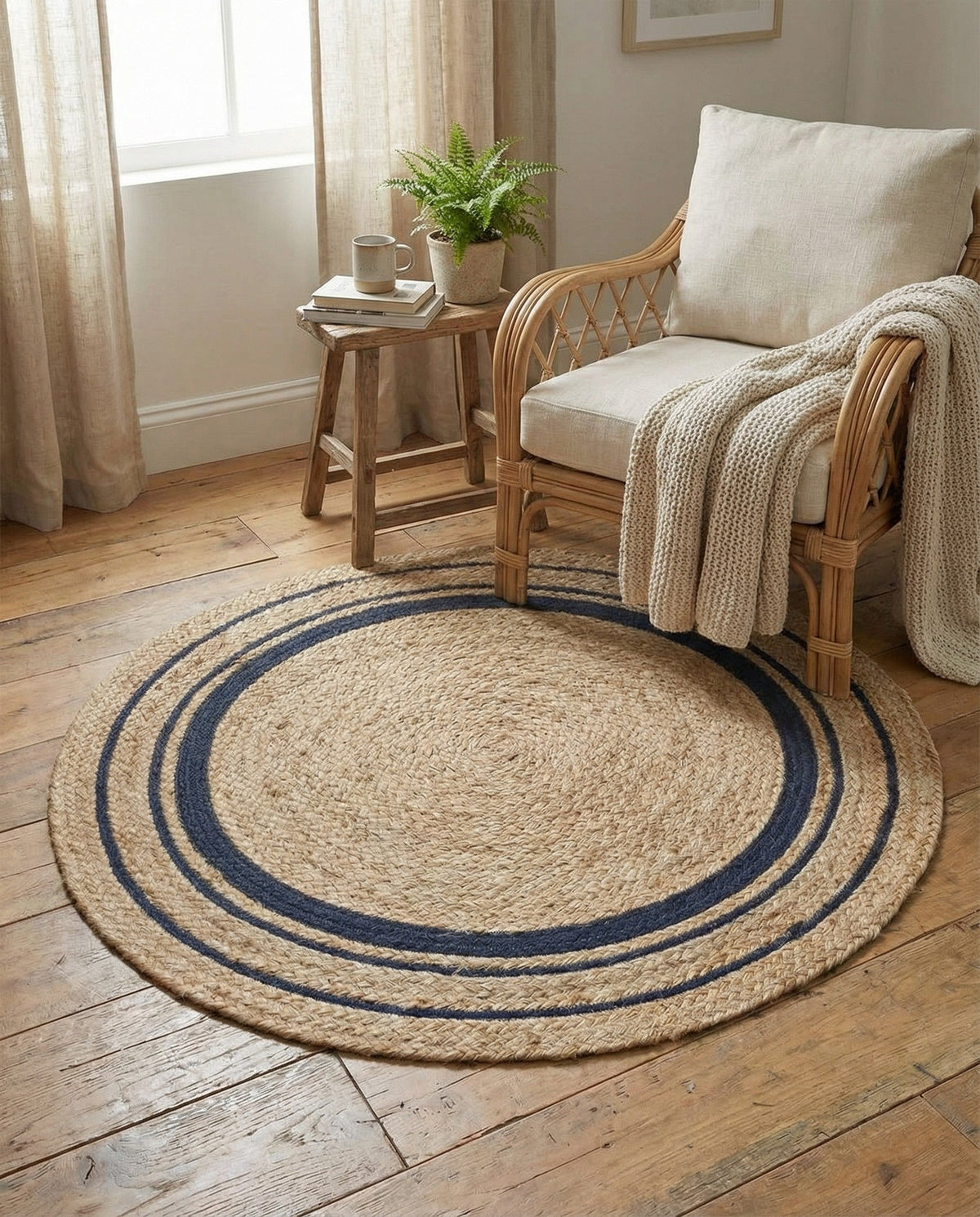 Woven Seaside Jute Collection Area Rug - Nantucket Round Natural and Navy Blue  lifestyle 106