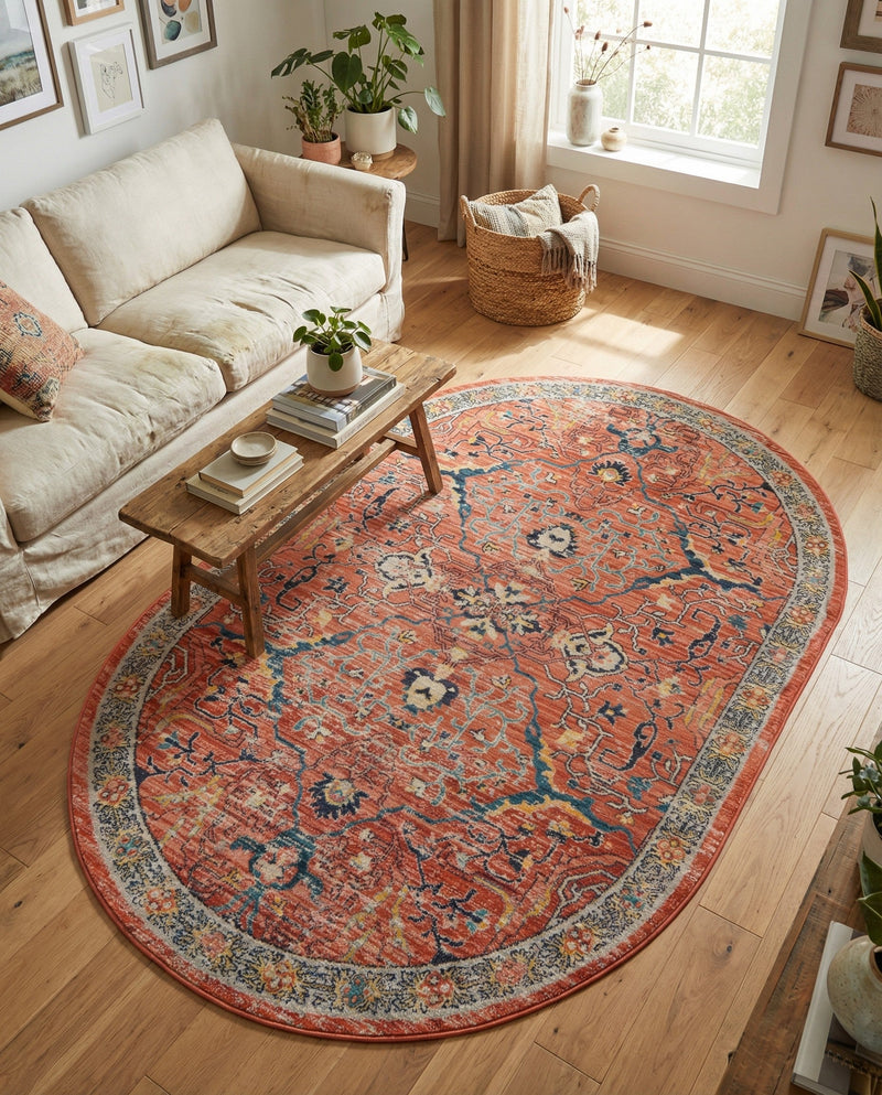 Seville Stripes Collection Area Rug -  Malaga (Brick Red) Oval Brick Red  lifestyle 78