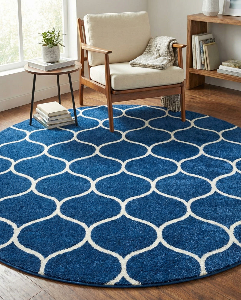Trellis Mosaic Collection Area Rug -  Pergolatown (Navy Blue) Round Navy Blue  lifestyle 50