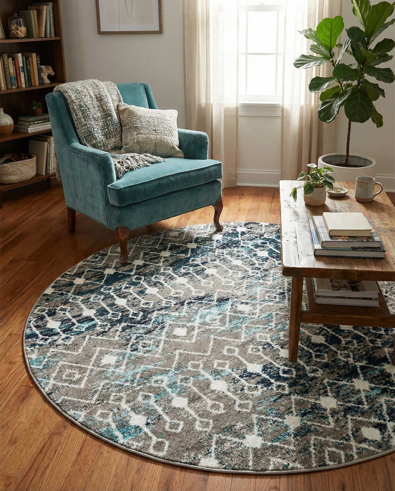 Mediterranean Lattice Collection Area Rug - Santorini (Multi Gray Blue) Round Multi Gray Blue  lifestyle 85