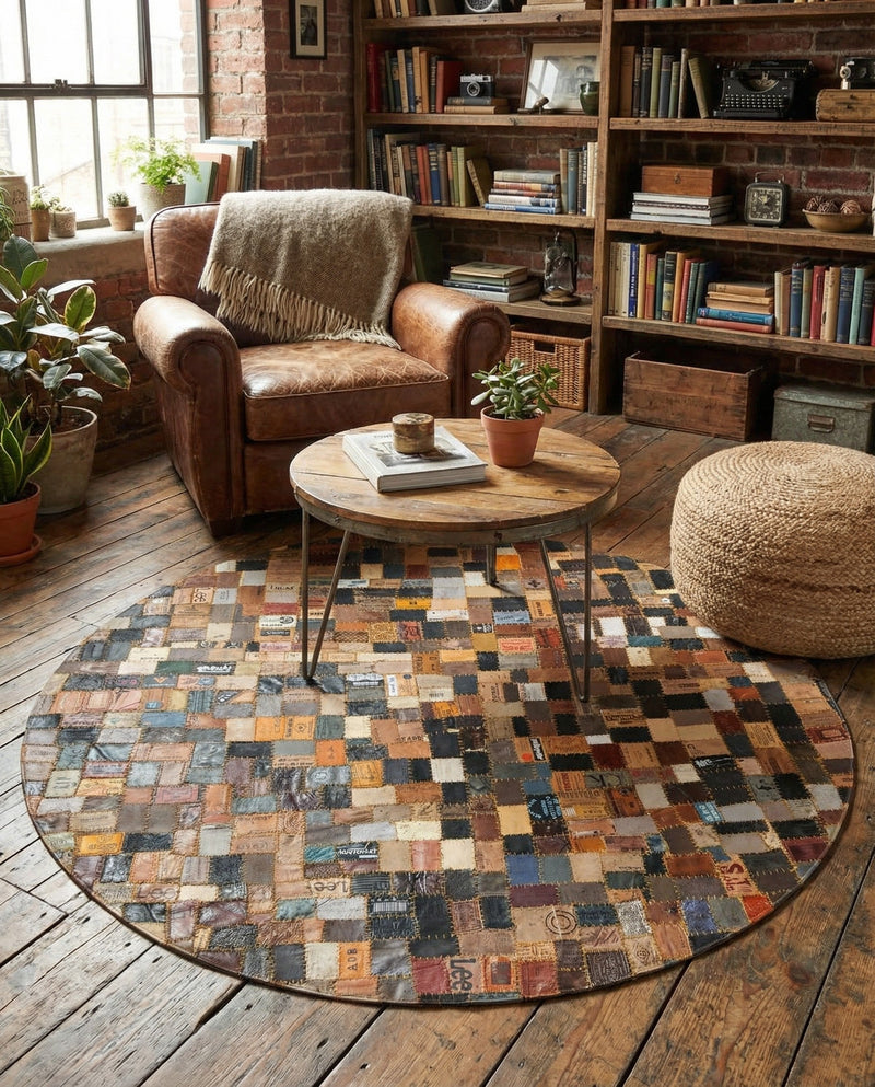 Havana Hide Patchwork Collection Area Rug - Cienfuegos Round Black and Brown  lifestyle 11
