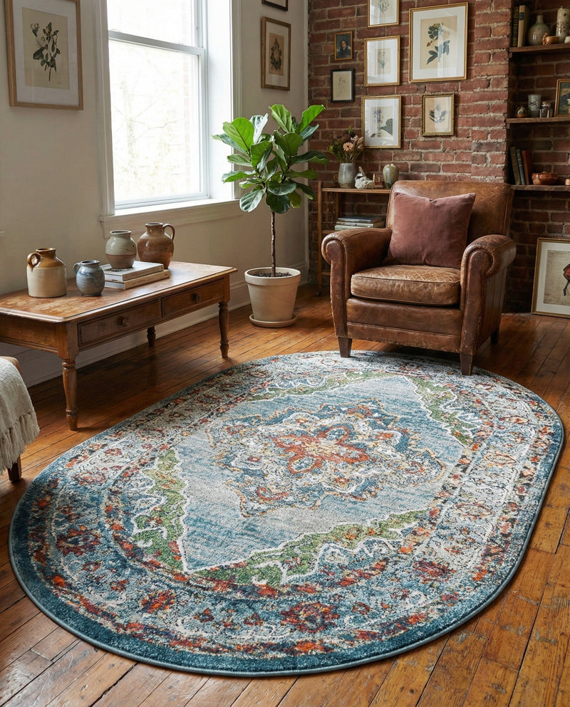Savannah Soiree Collection Area Rug - Serengeti (Blue) Oval Blue  lifestyle 62
