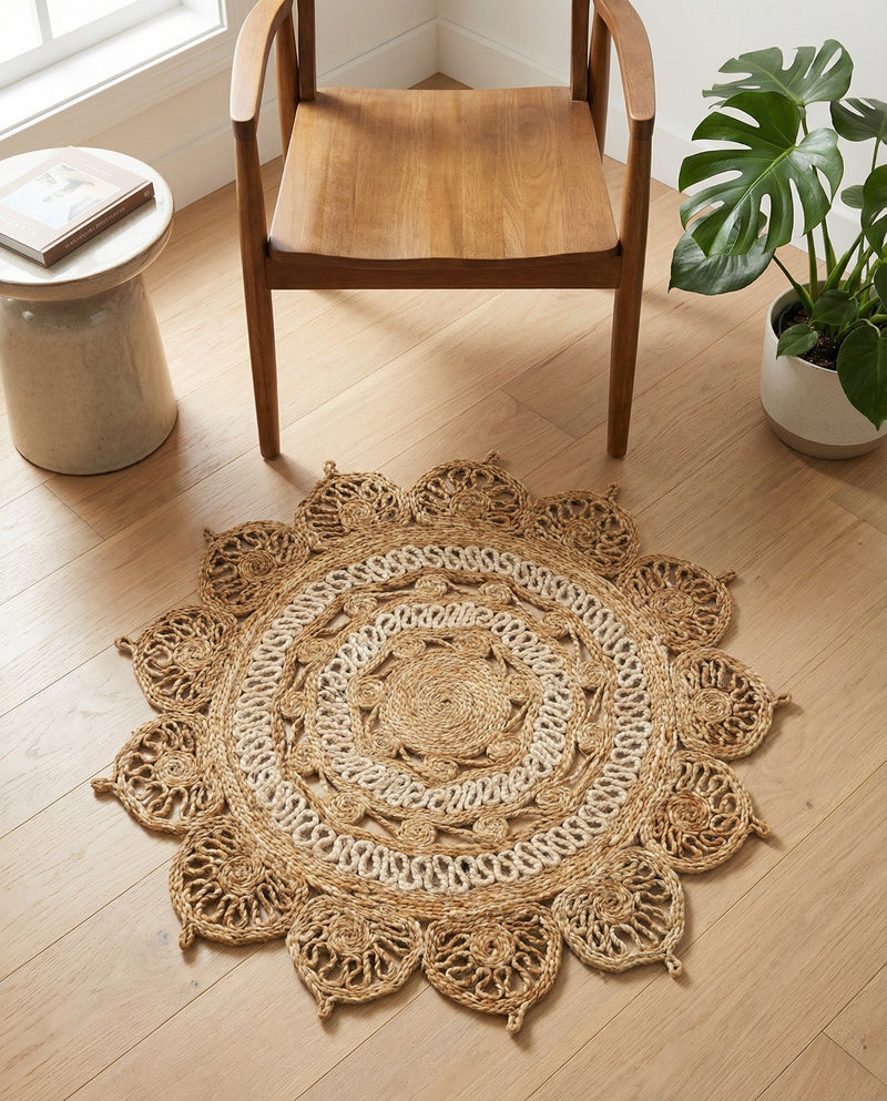 Woven Seaside Jute Collection Area Rug - Coastalhaven (Natural and White) Round Natural and White  lifestyle 19