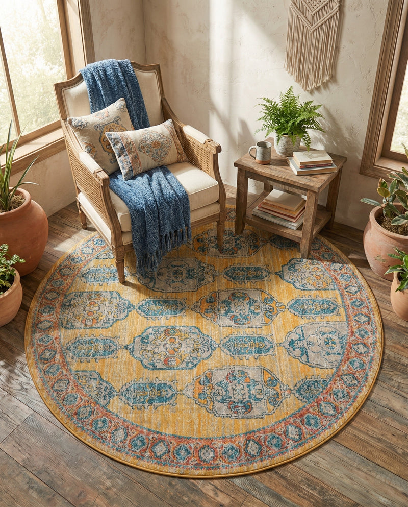 Seville Stripes Collection Area Rug -  Granada (Yellow) Round Yellow  lifestyle 48