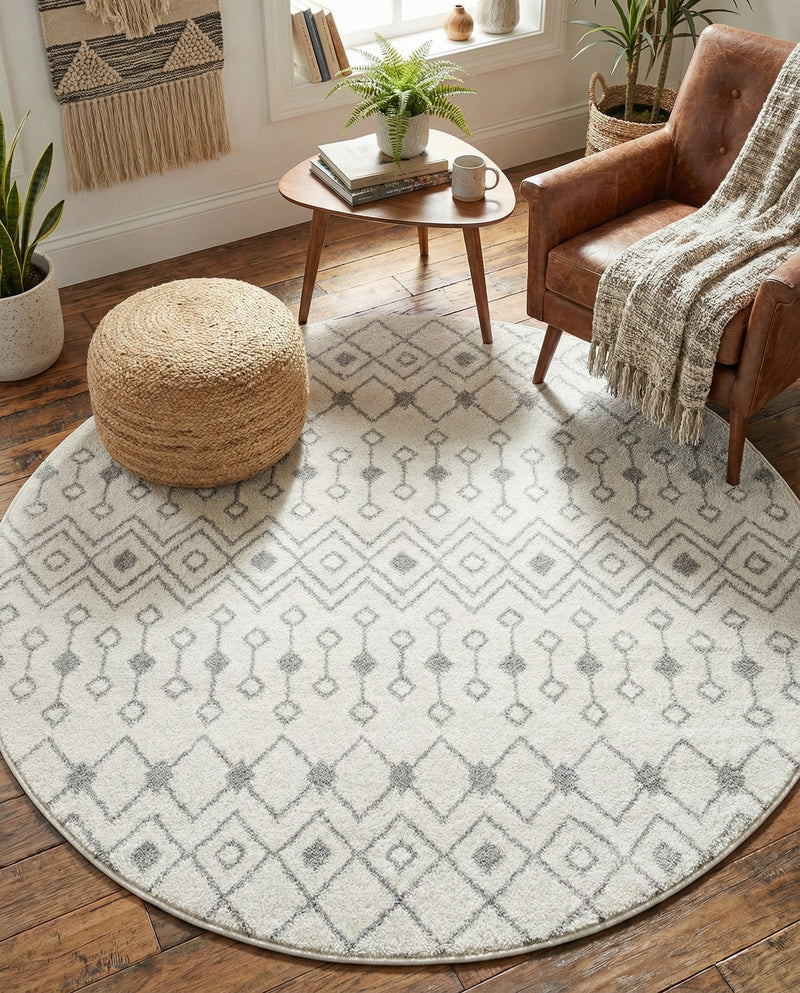 Mediterranean Lattice Collection Area Rug - Santorini (Ivory and Gray) Round Ivory and Gray  lifestyle 70