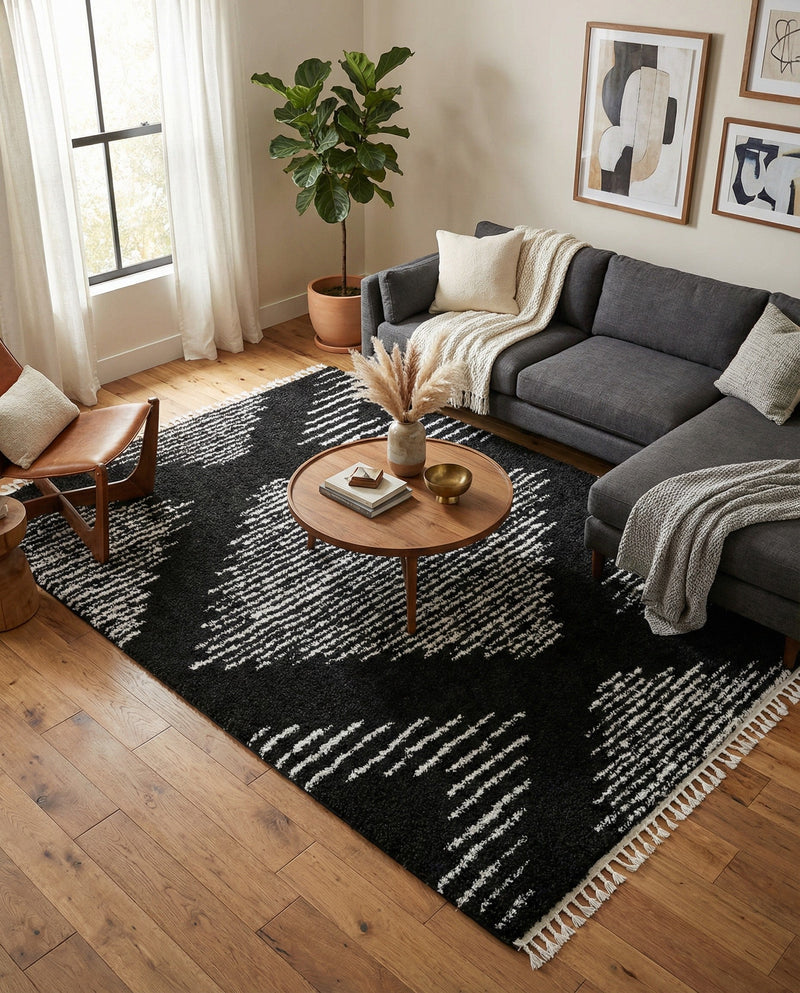 Tranquil Tides Shag Collection Area Rug -  Azure Rectangle Black and White  lifestyle 34