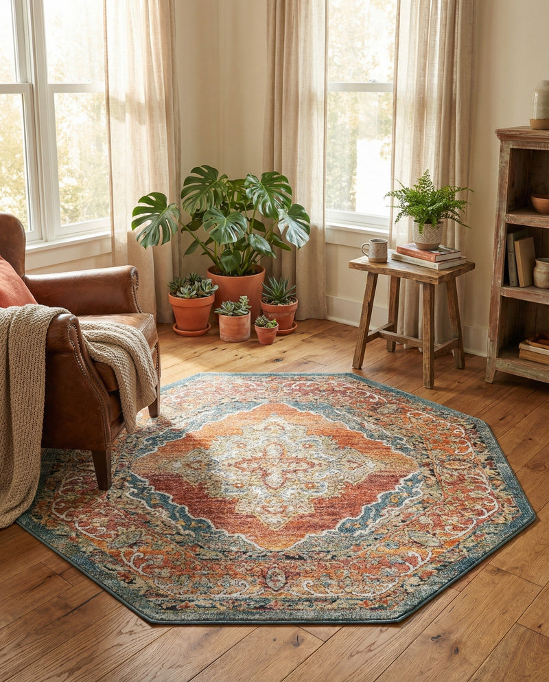 Savannah Soiree Collection Area Rug - Serengeti (Rust Red) Octagon Rust Red  lifestyle 66