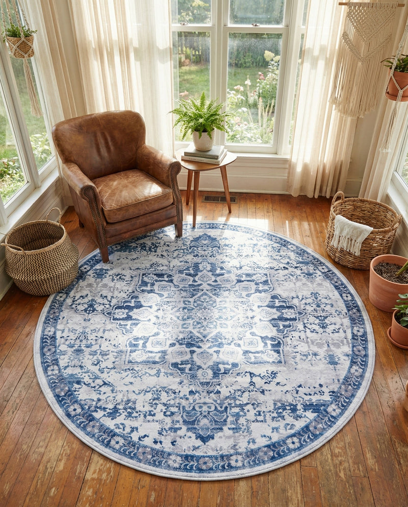 Baroque Era Collection Area Rug - Versailles (Gray Blue) Round Gray Blue  lifestyle 36