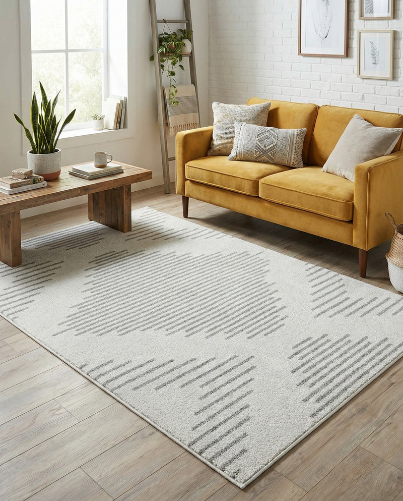 Seychelles Stripes Collection Area Rug - Mahe (Ivory and Gray) Rectangle Ivory and Gray  lifestyle 9