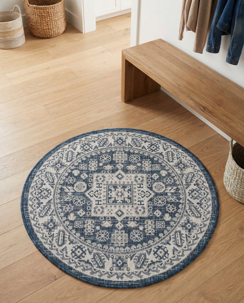 Tribal Terrace Treasures Collection Area Rug -  Incan Isle (Blue) Round Blue  lifestyle 30