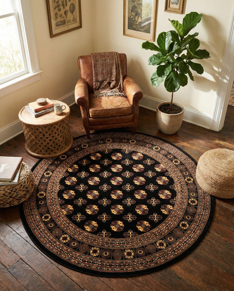 Samarkand Elegance Collection Area Rug -  Margilan (Black) Round Black  lifestyle 68