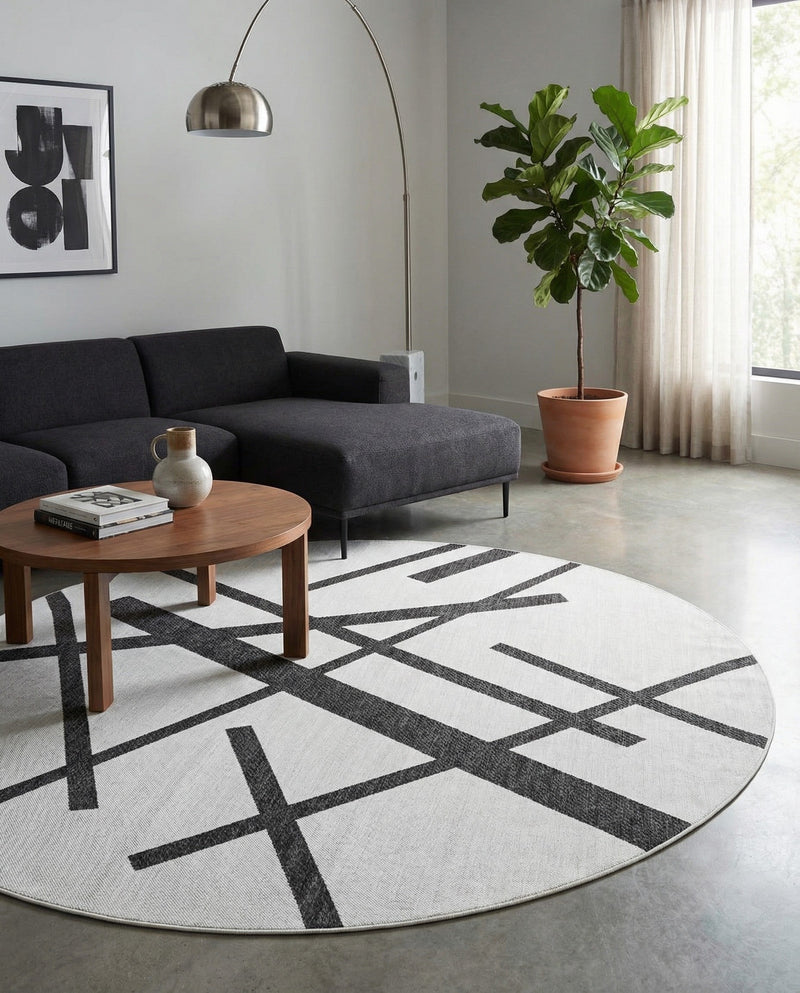Urban Terrace Collection Area Rug -  Bowery Round Black and White  lifestyle 22