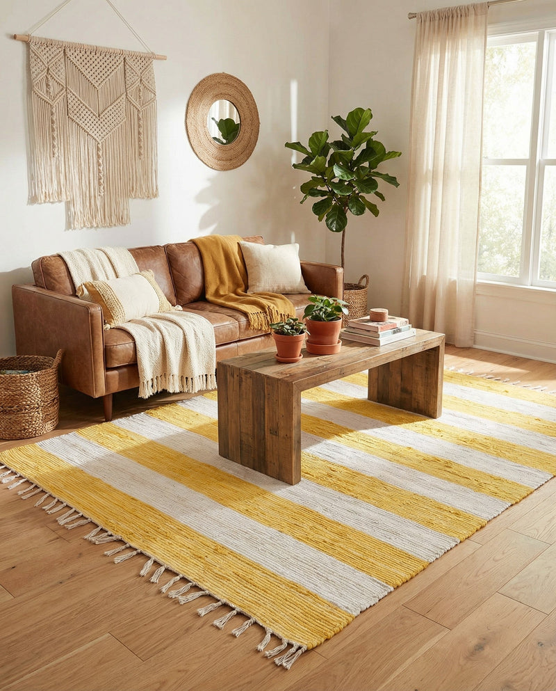 Tassel Trail Collection Area Rug - Pathway (Yellow and Ivory) Rectangle Yellow and Ivory  lifestyle 13
