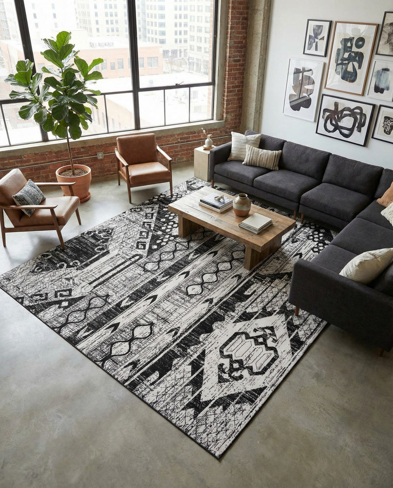 Cascade Range Collection Area Rug - Hood (Black and White) Rectangle Black and White  lifestyle 10