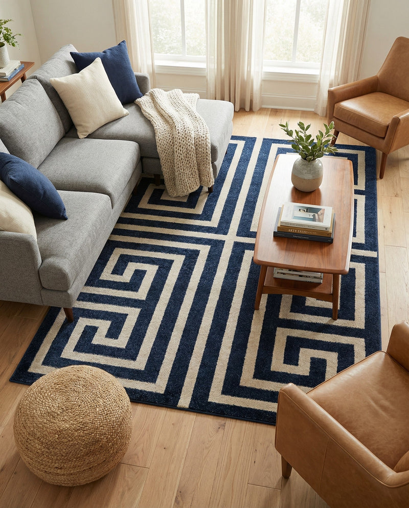 Aegean Labyrinth Collection Area Rug -  Mykonos Rectangle Navy Blue  lifestyle 39