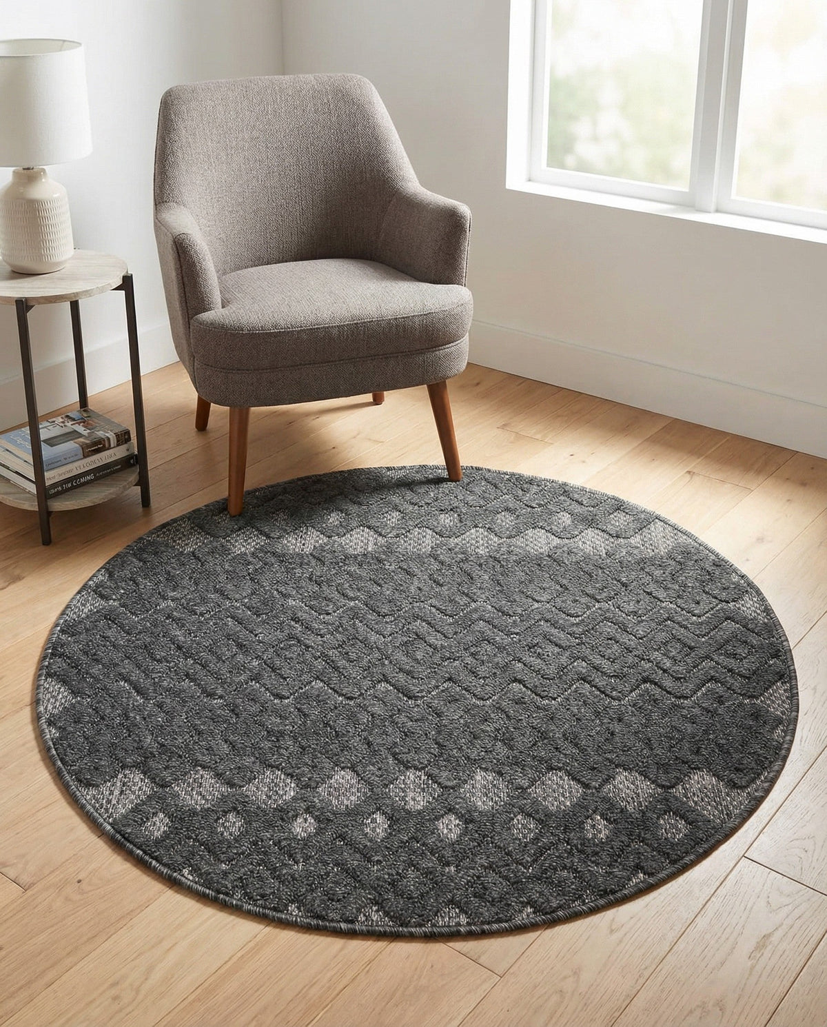 Garden Lattice Charm Collection Area Rug -  Pergola (Charcoal) Round Charcoal  lifestyle 56