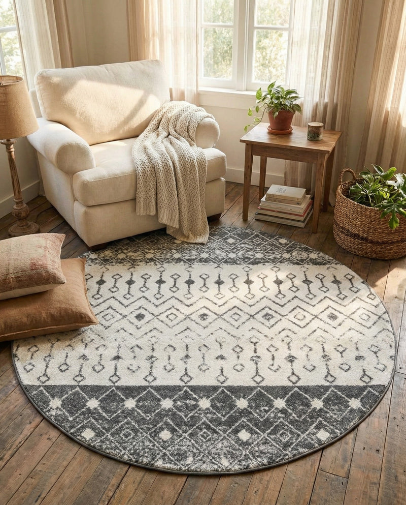 Mediterranean Lattice Collection Area Rug -  Casablanca (Ivory and Gray) Round Ivory and Gray  lifestyle 83