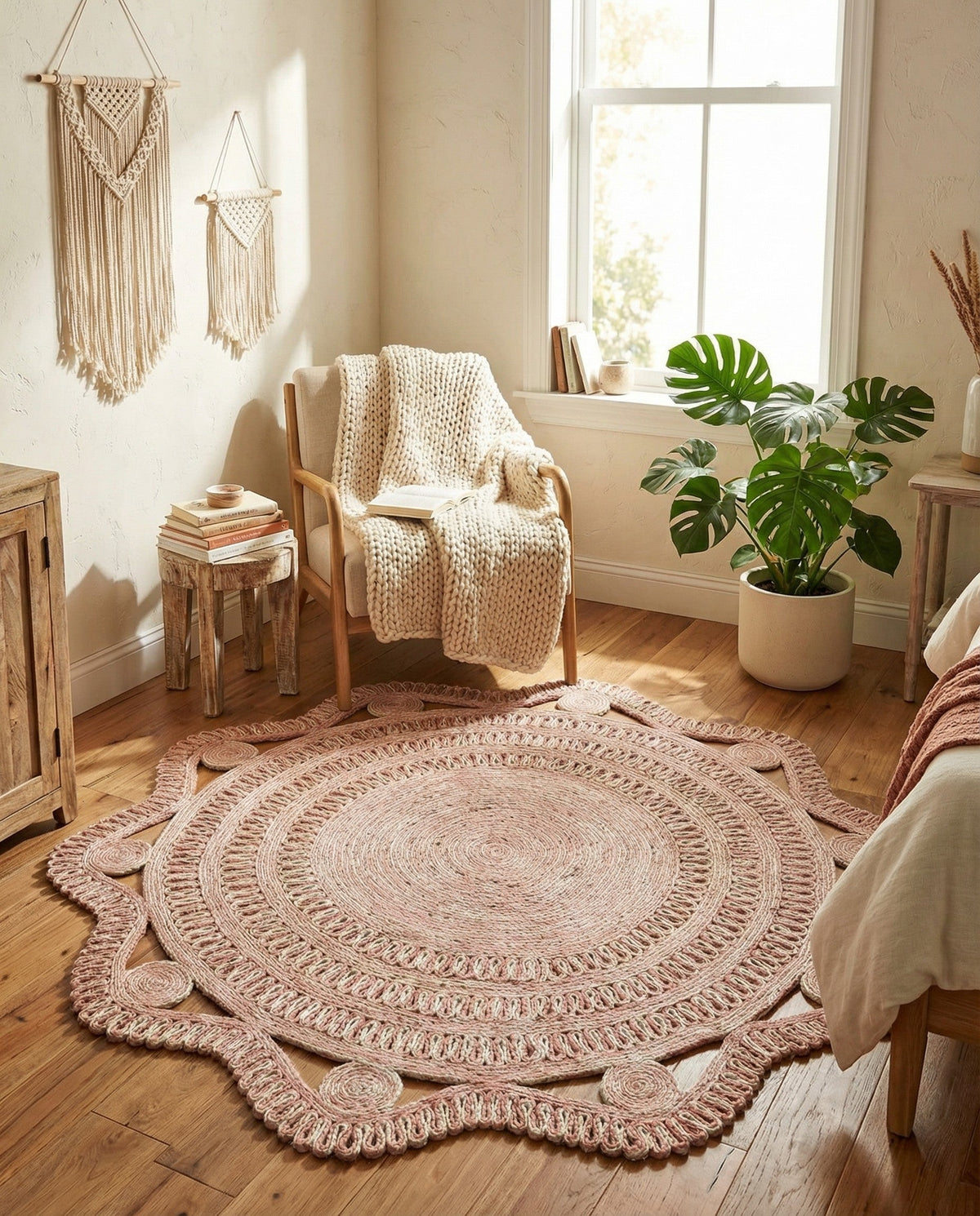 Woven Seaside Jute Collection Area Rug - Nantucket Round Pink and White  lifestyle 87