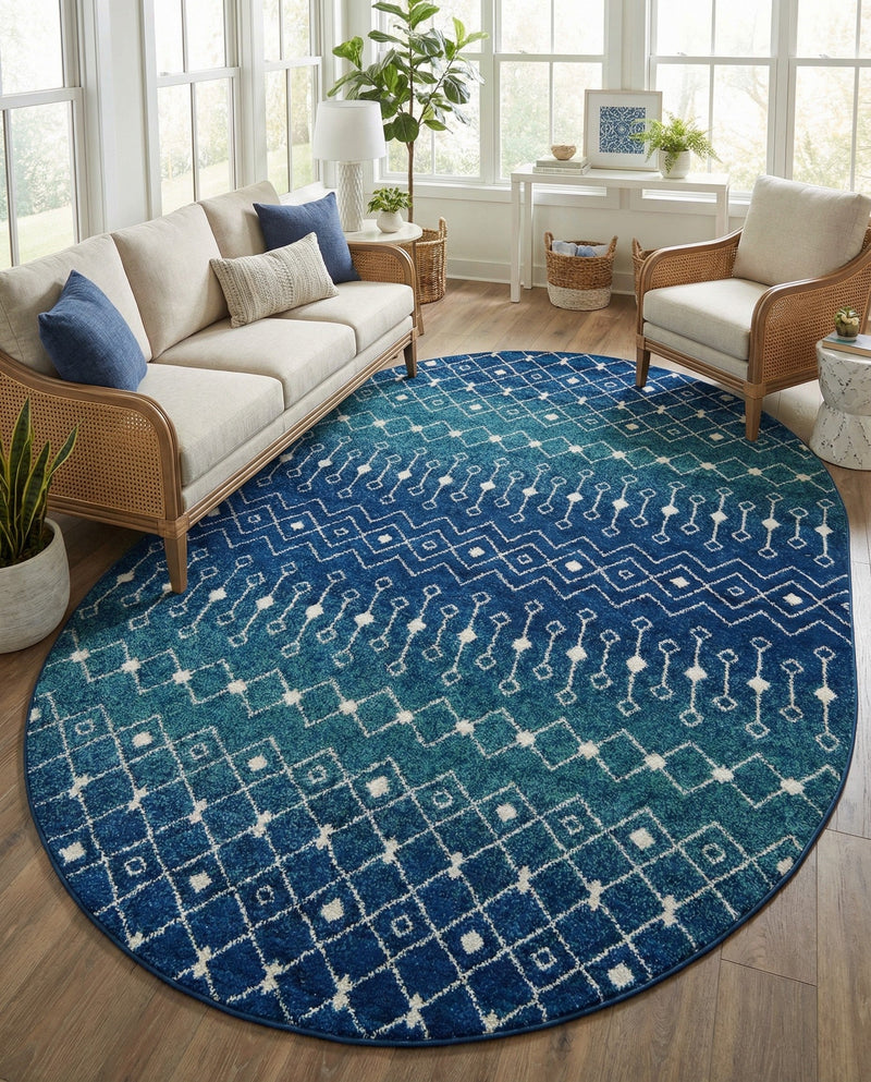 Mediterranean Lattice Collection Area Rug - Santorini (Navy and Teal) Oval Navy and Teal  lifestyle 56