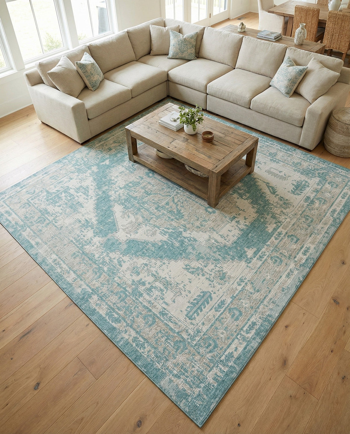 Patio Heritage Collection Area Rug -  Augusta (Aqua) Square Aqua  lifestyle 95