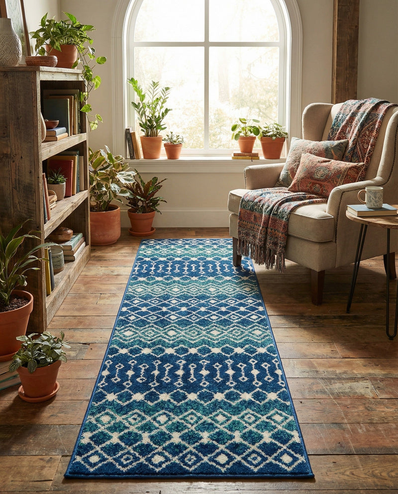 Mediterranean Lattice Collection Area Rug - Santorini (Navy and Teal) Runner Navy and Teal  lifestyle 40