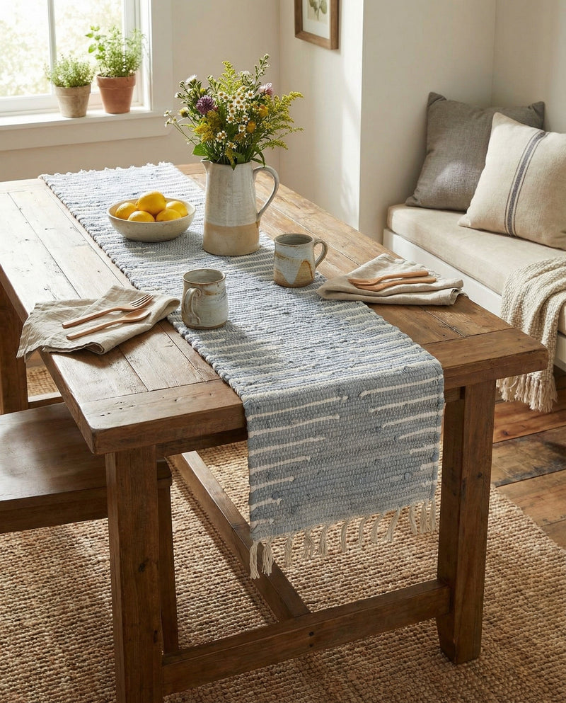 Thar Cotton Collection Area Rug - Jaisalmer (Light Gray) Table Runner Light Gray  lifestyle 73